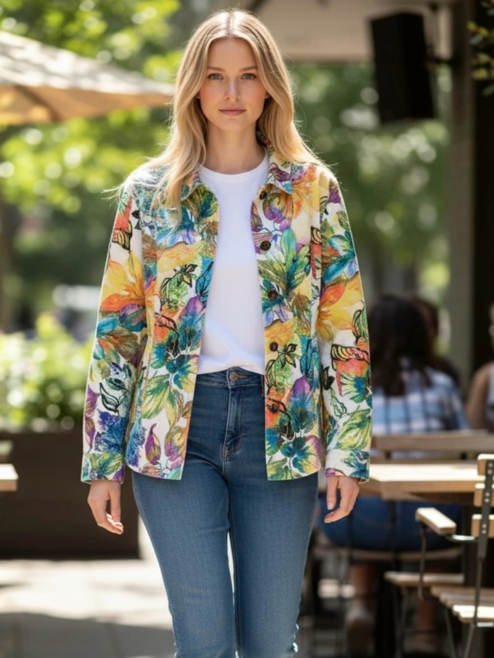 Additions By Chicos Watercolor Abstract Floral Button Up Jacket Multi Size 3 XL